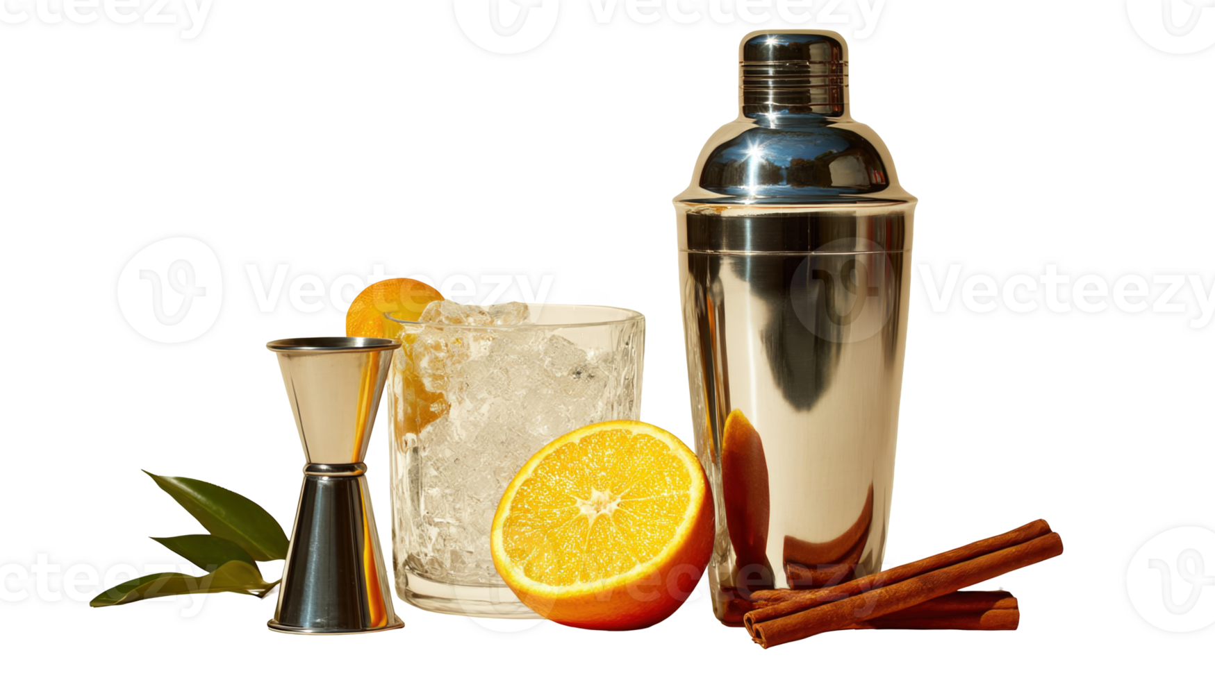 Cocktail shaker, jigger, orange slices, ice and cinnamon sticks on transparent background png