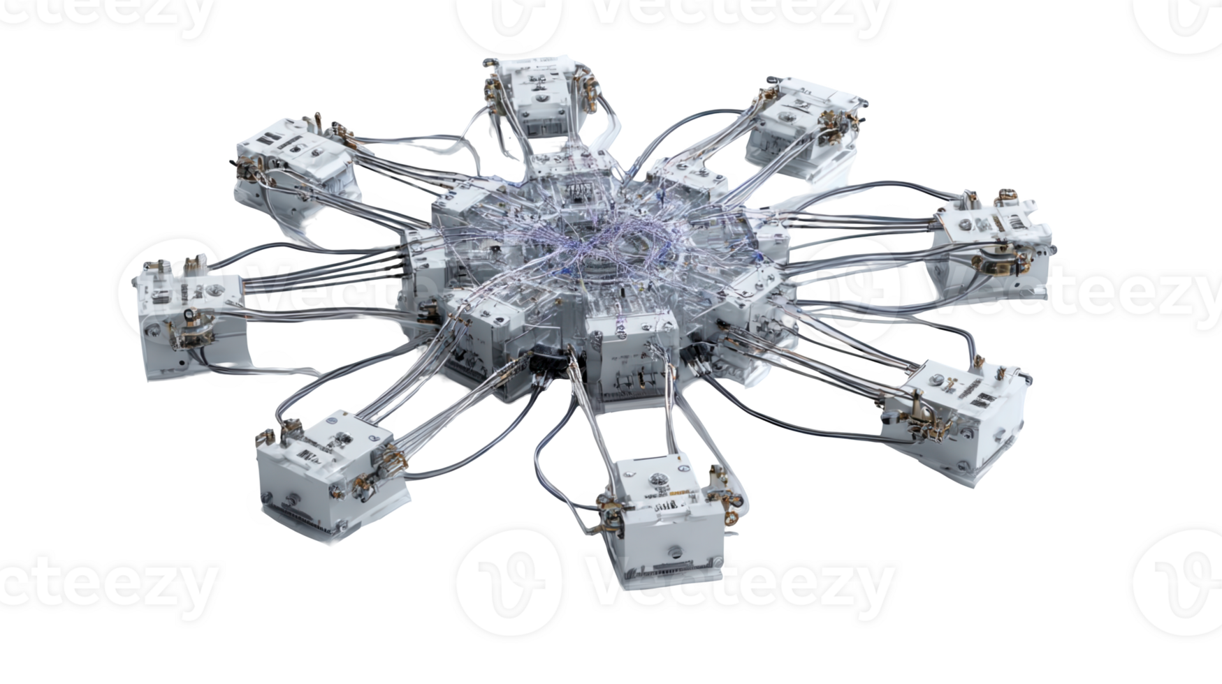Futuristic sensors and circuitry forming an intricate network on transparent background png