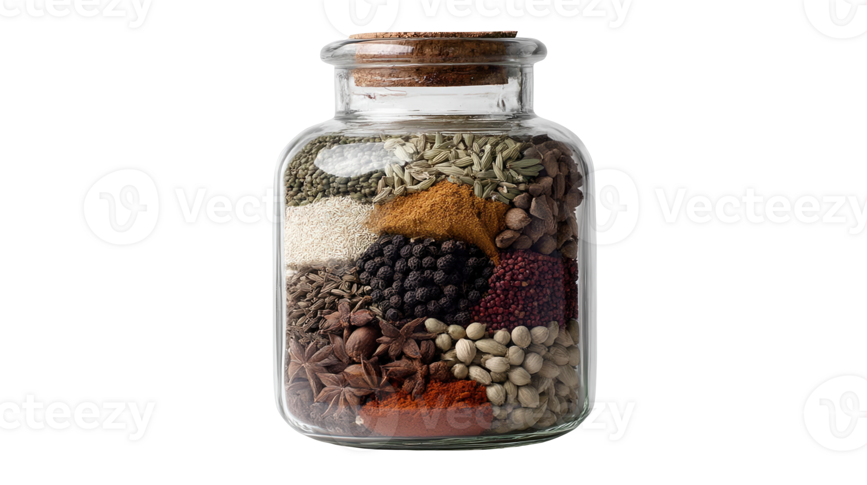 Glass jar filled with colorful dried herbs and spices on transparent background png
