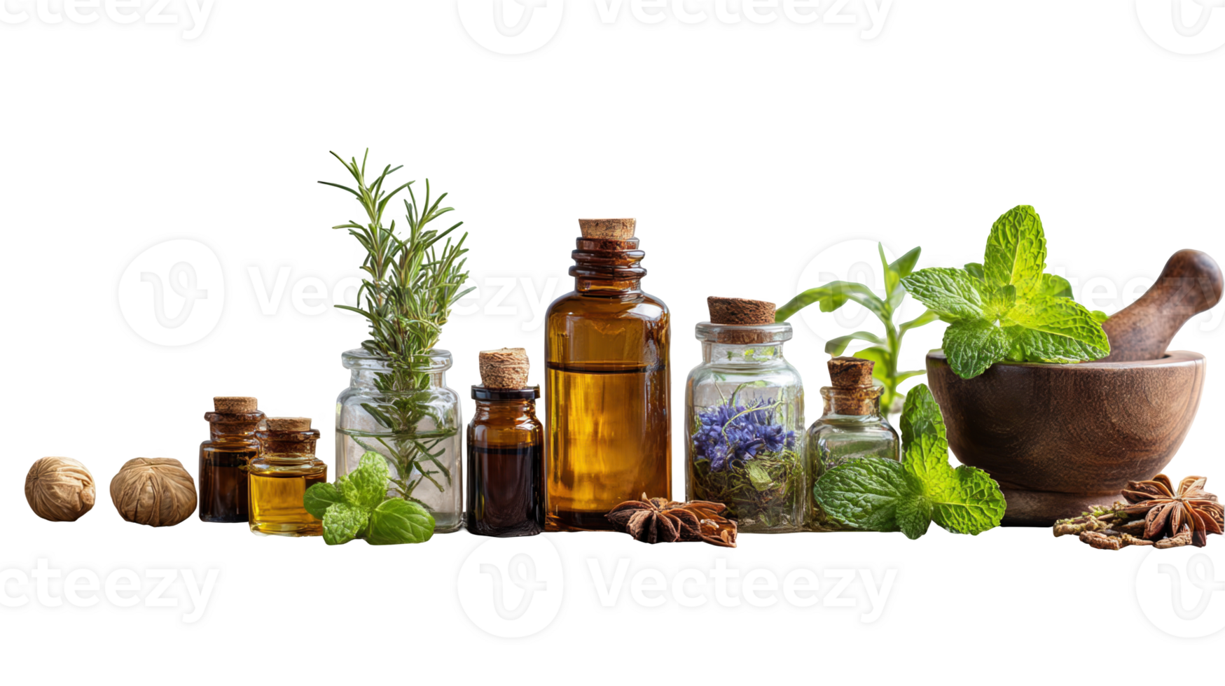 Fresh herbs and essential oils creating natural remedies with transparent background png