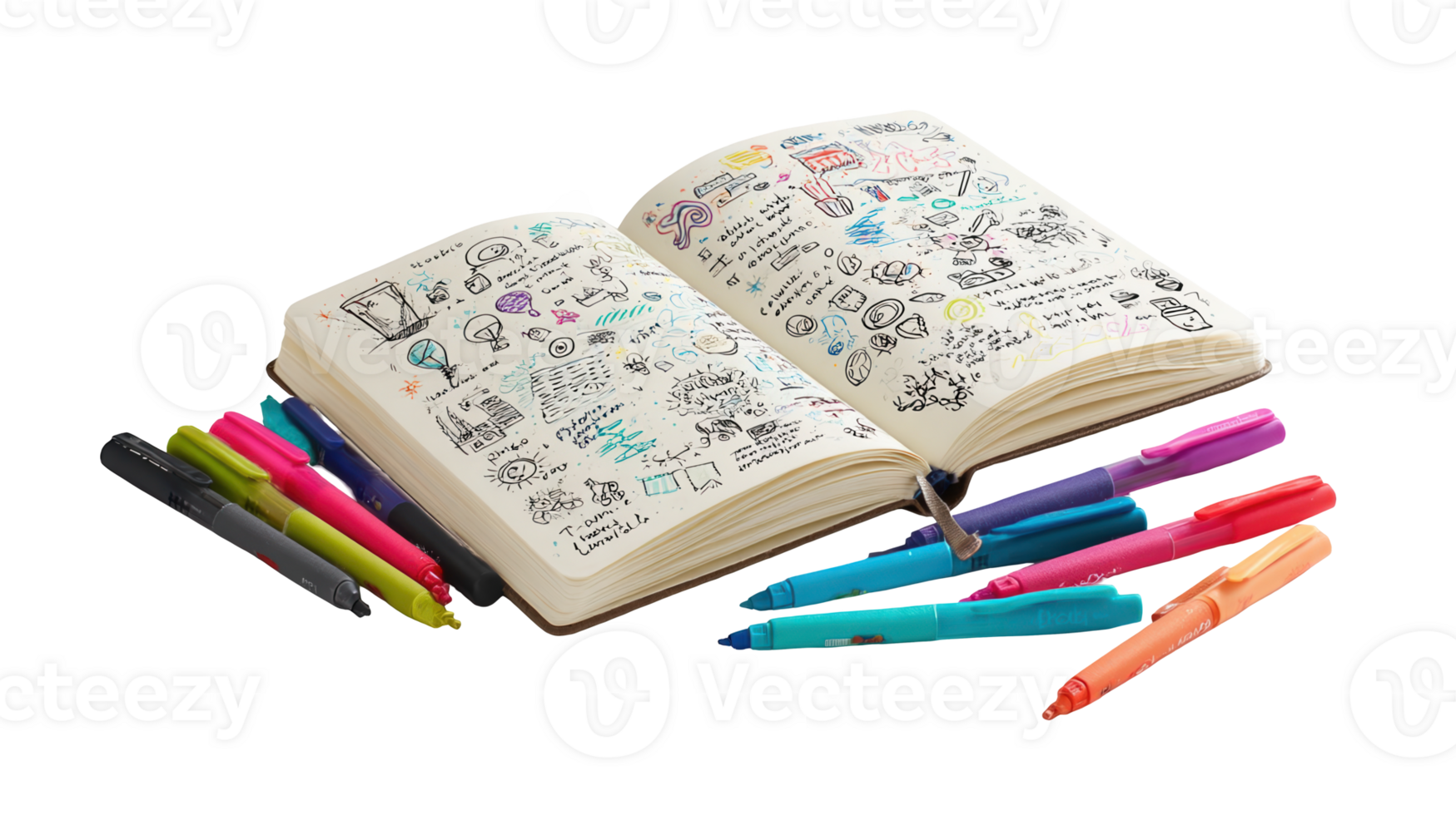 Open notebook with colorful hand drawn sketches and pens on transparent background png