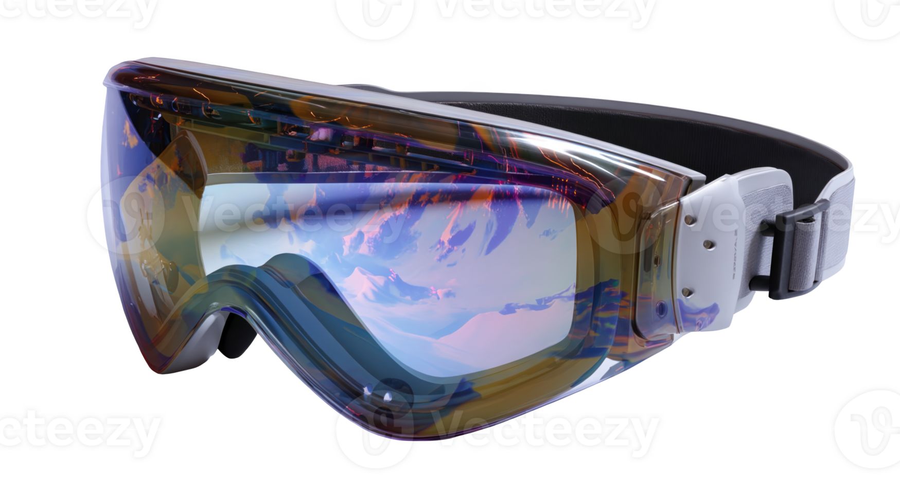 Ski goggles reflecting mountain landscape on transparent background png