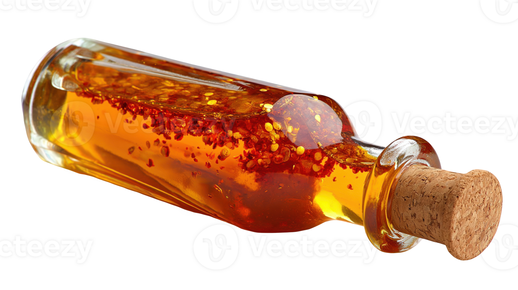 Glass bottle with cork filled with chili infused oil on transparent background png