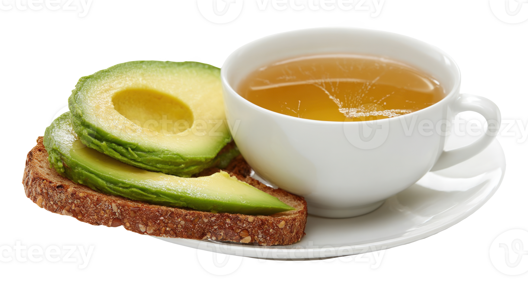 Steaming cup of tea and avocado toast on whole wheat bread with transparent background png