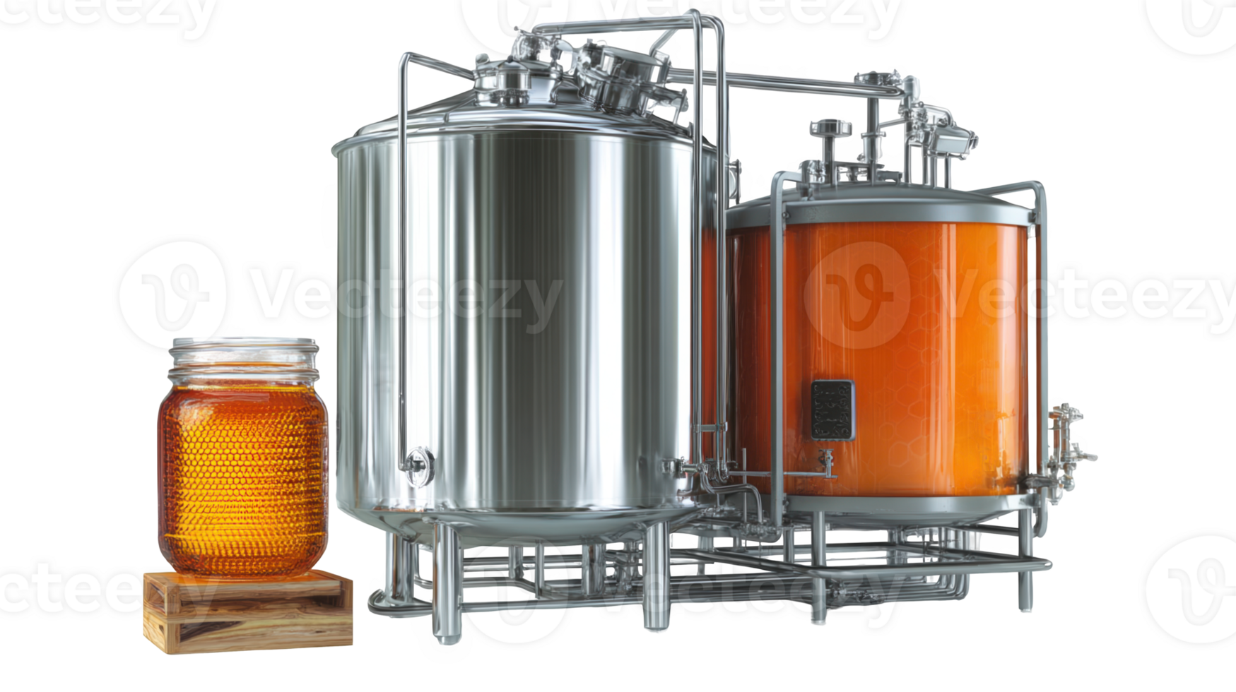 Modern fermentation tanks with honey jar on transparent background png
