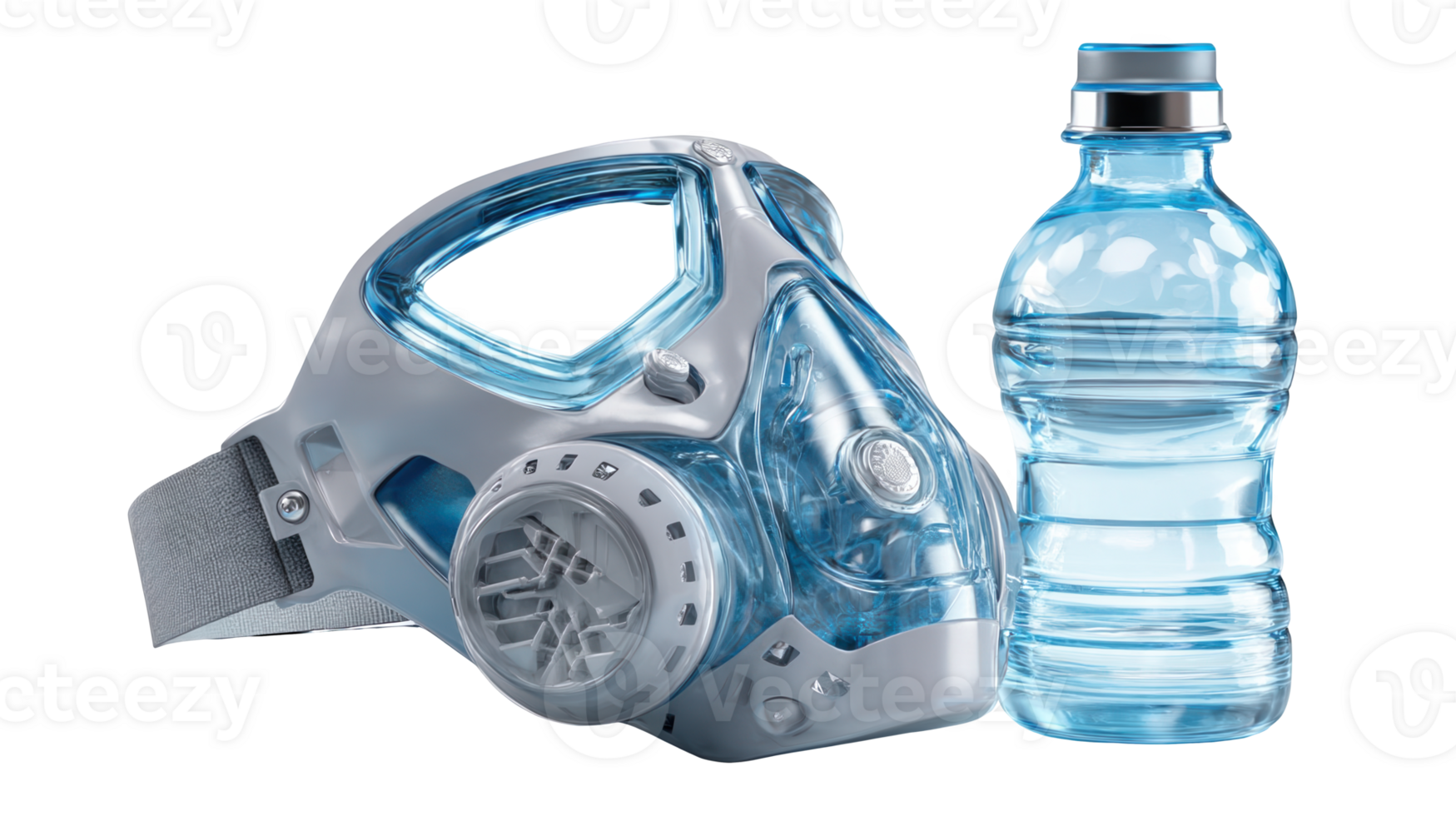Futuristic oxygen mask resting beside a water bottle on transparent background png