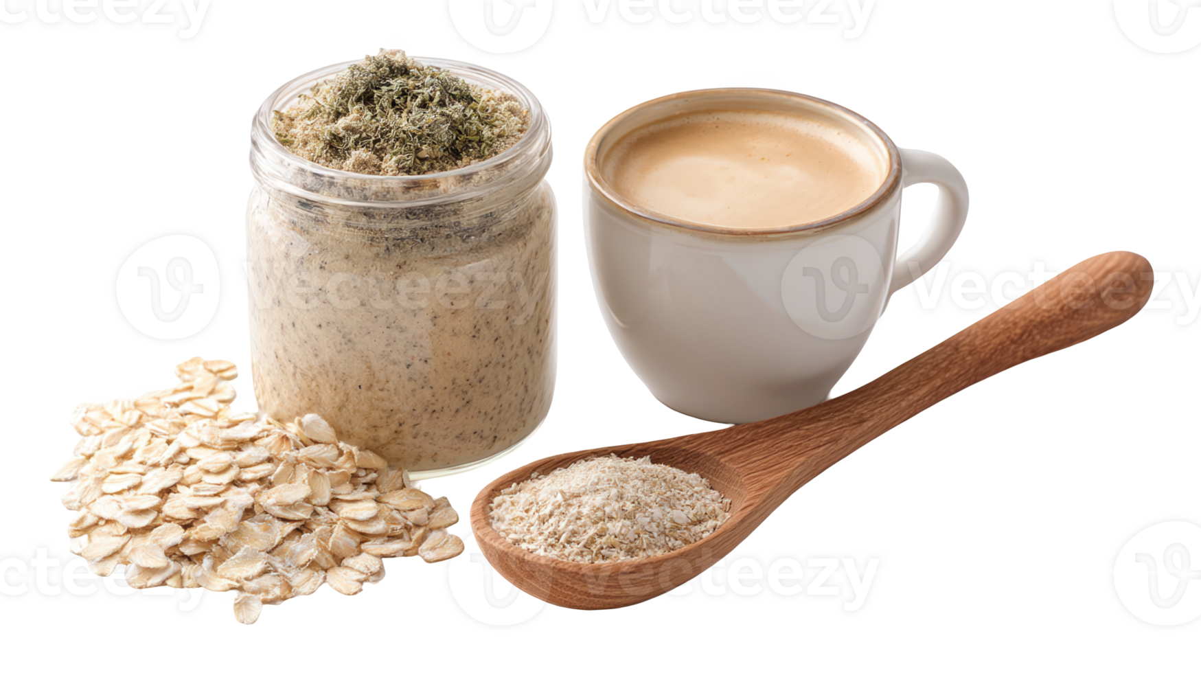 Preparing adaptogen latte with oat milk and dried herbs on transparent background png