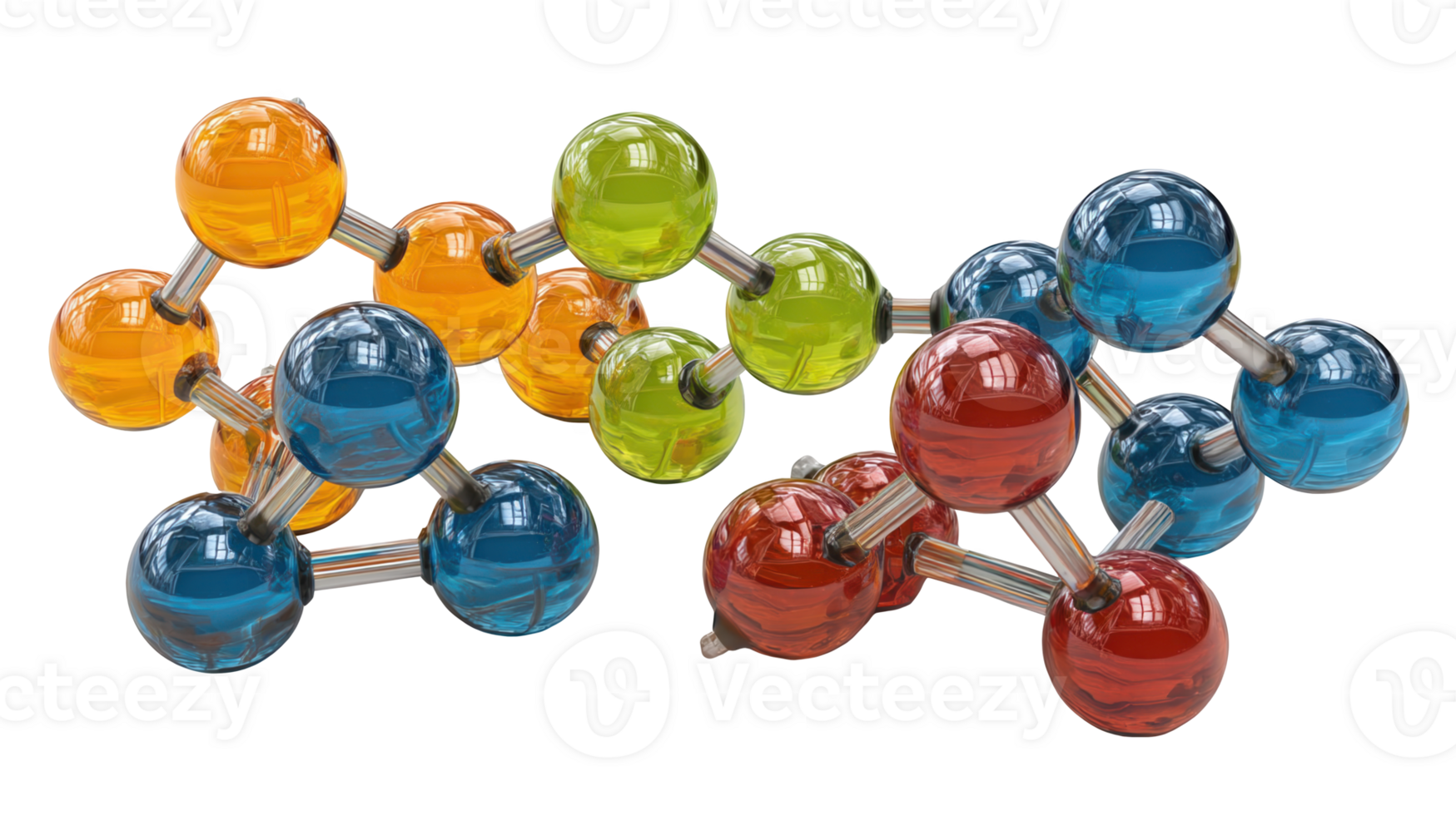 Colorful glass molecules forming complex structures on transparent background png
