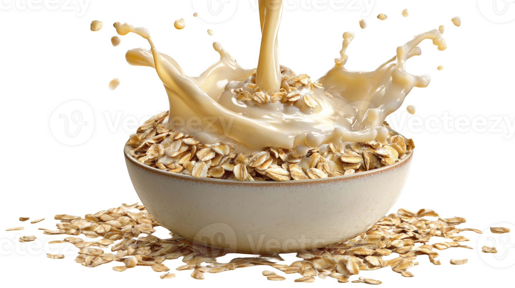 Oat milk splashing into bowl of oats on transparent background png