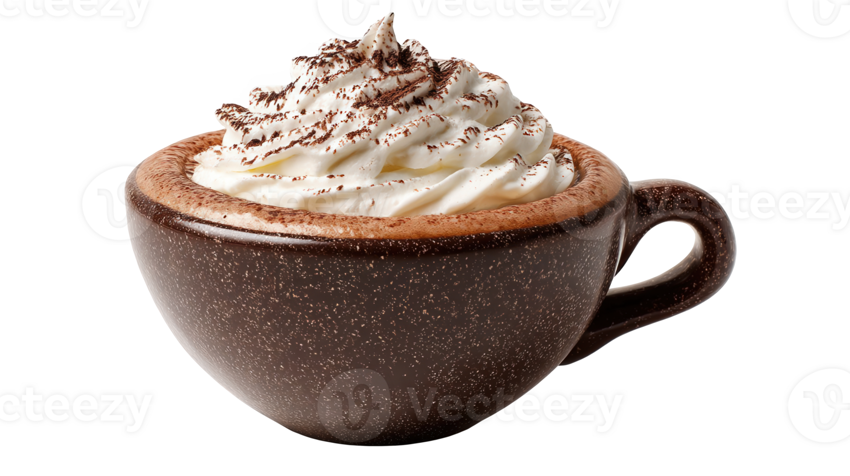 Steaming cup of hot chocolate with whipped cream and chocolate sprinkles on transparent background png