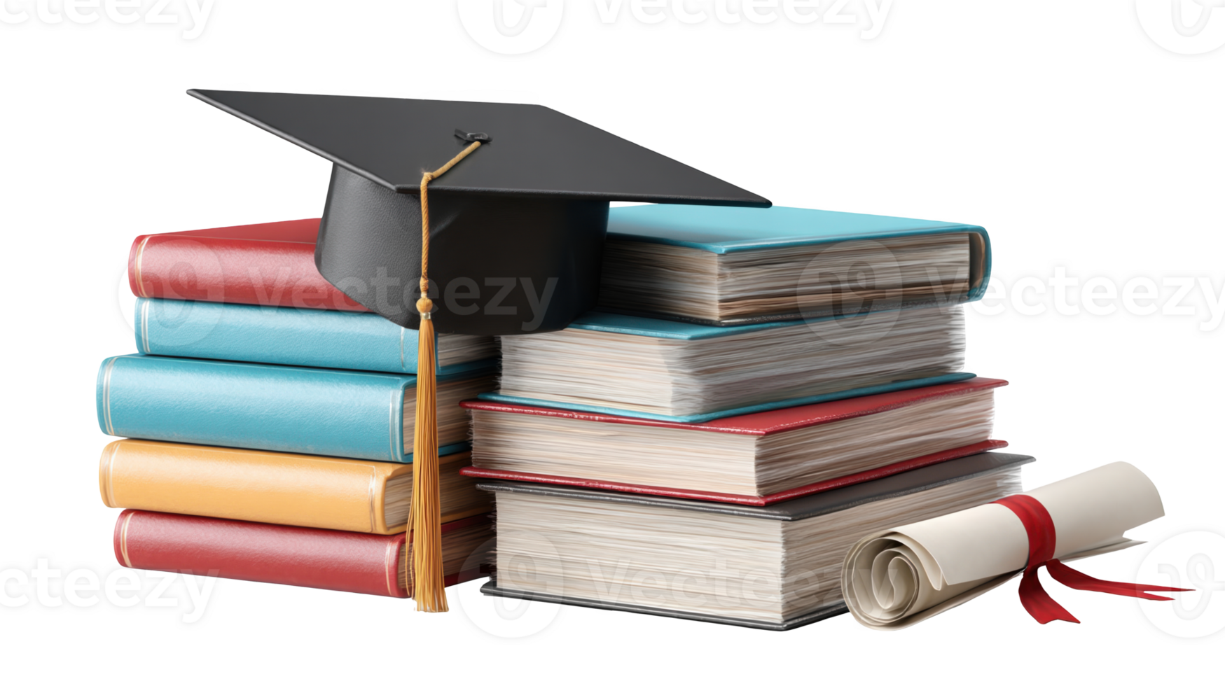 Graduation cap and diploma resting on a stack of books with transparent background png