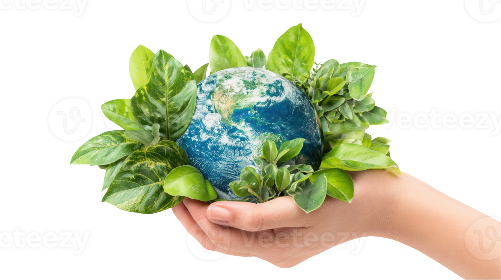 Hand holding small globe surrounded by green leaves on transparent background png