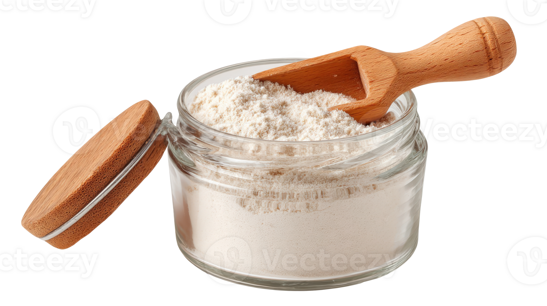 Glass jar filled with flour and wooden scoop on transparent background png