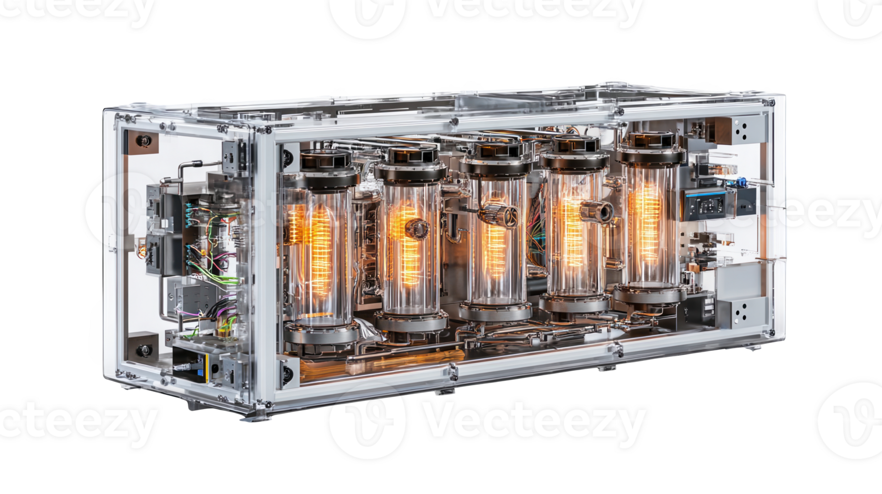 High tech containment unit with glowing cylinders on transparent background png