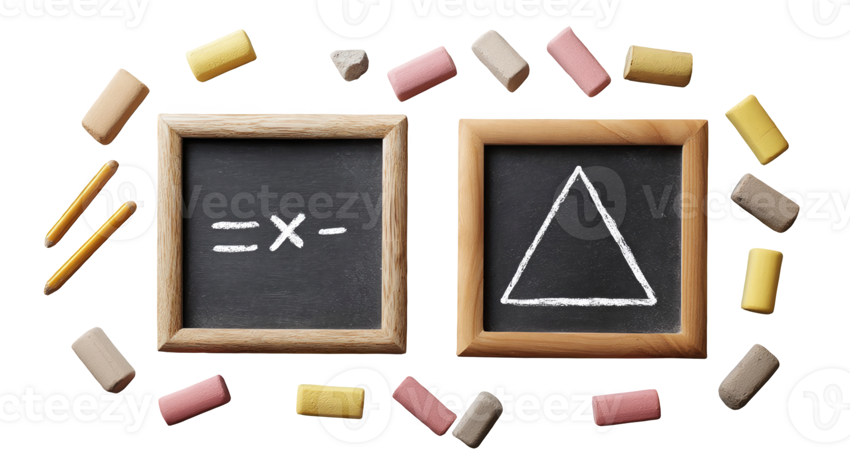 Two small chalkboards with math symbols and erasers on transparent background png