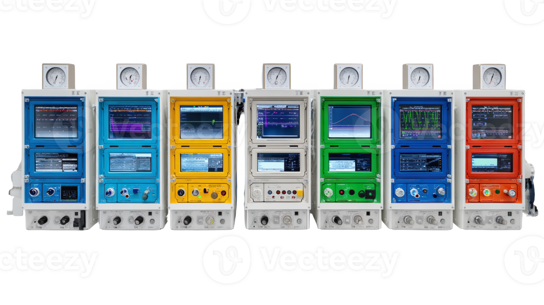 Row of colorful monitoring instruments showing data on transparent background png
