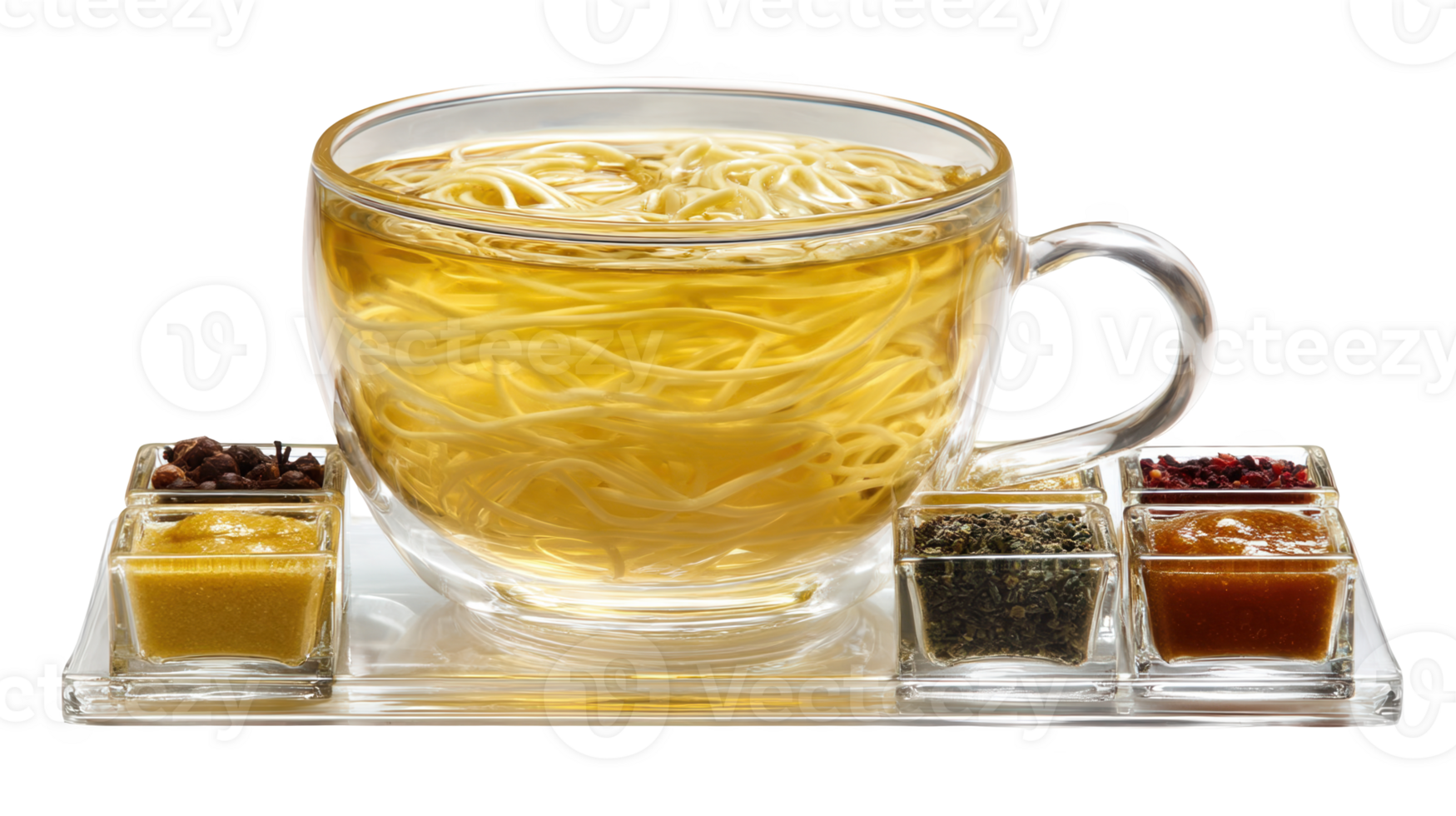 Glass cup with noodles and various condiments on transparent background png