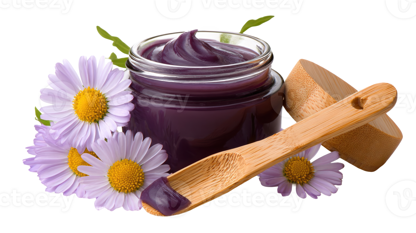 Purple cosmetic cream in open jar with wooden spoon and flowers on transparent background png