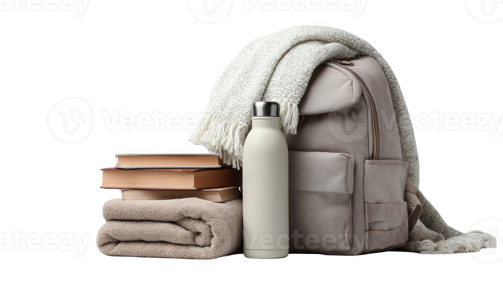 Backpack, books, towel, blanket and a reusable water bottle on transparent background png