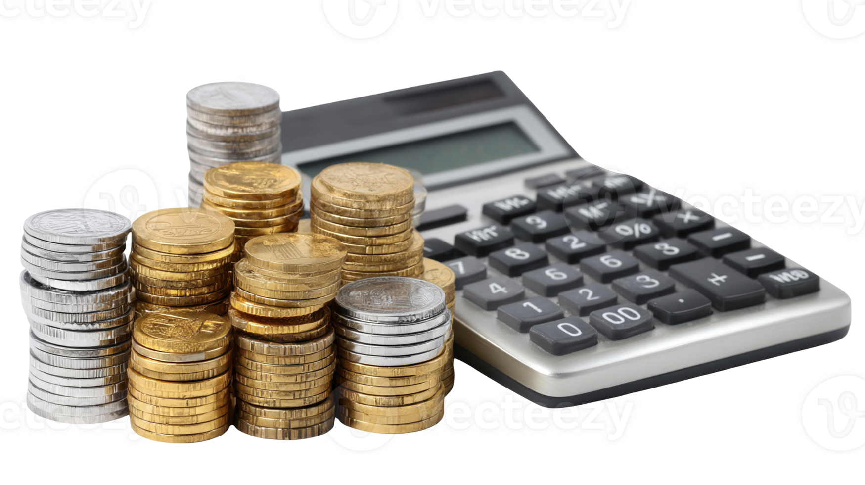 Calculator calculating increasing stacks of coins on transparent background png