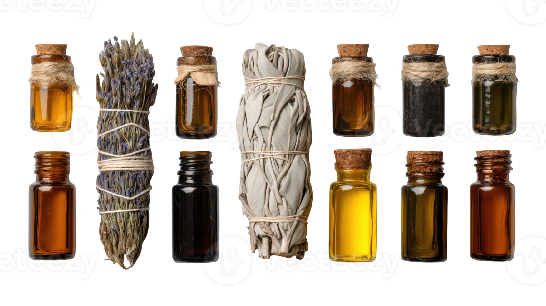 Essential oil bottles, lavender and sage smudge sticks on transparent background png