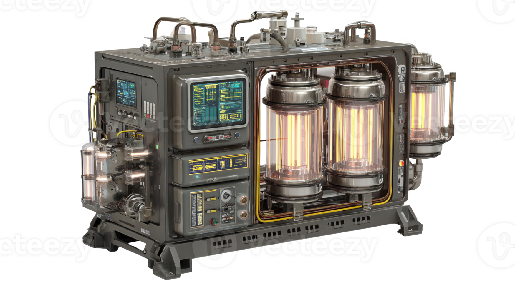 Futuristic compact reactor unit with glowing control panels on transparent background png