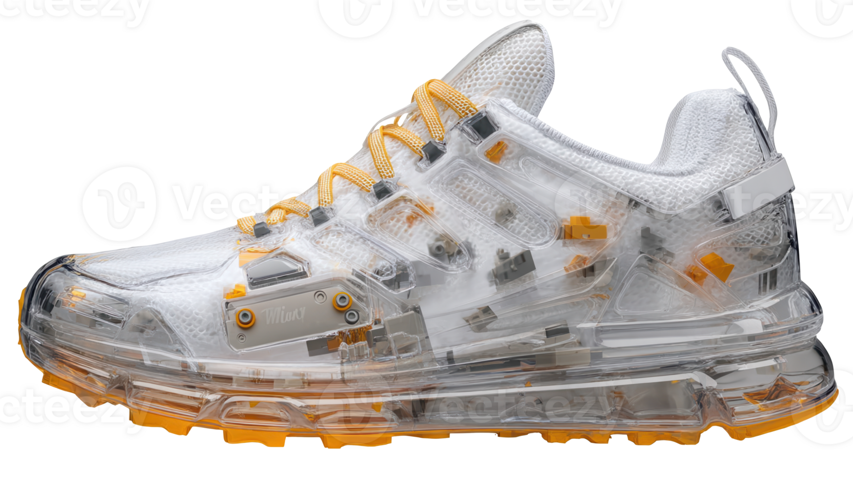 Closeup view of modular sneaker prototype with transparent design on checkered background png
