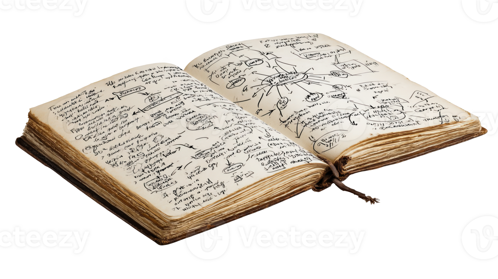 Open antique notebook showing handwritten notes and diagrams on transparent background png