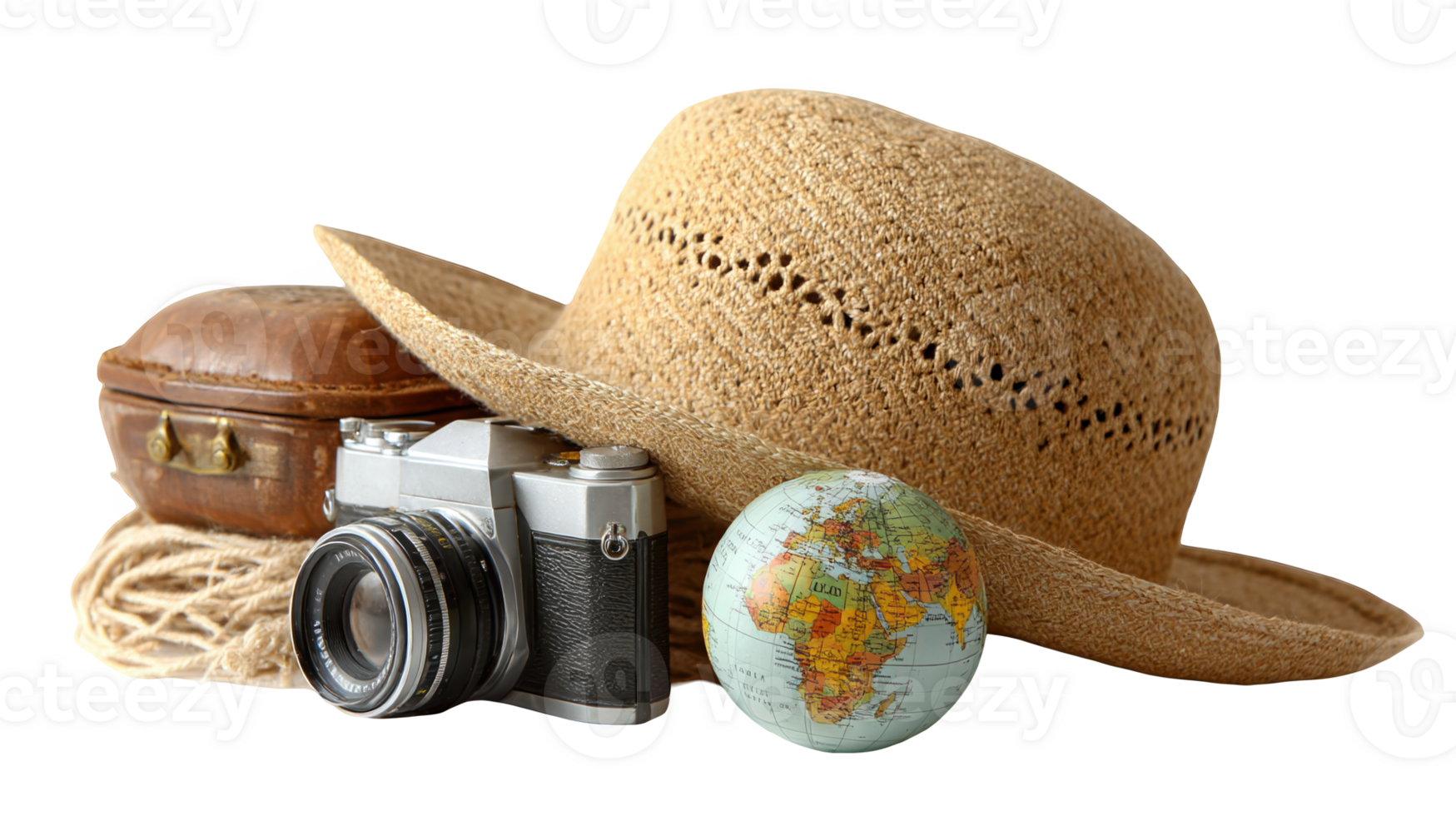 Straw hat, globe, vintage camera and travel case on transparent background png