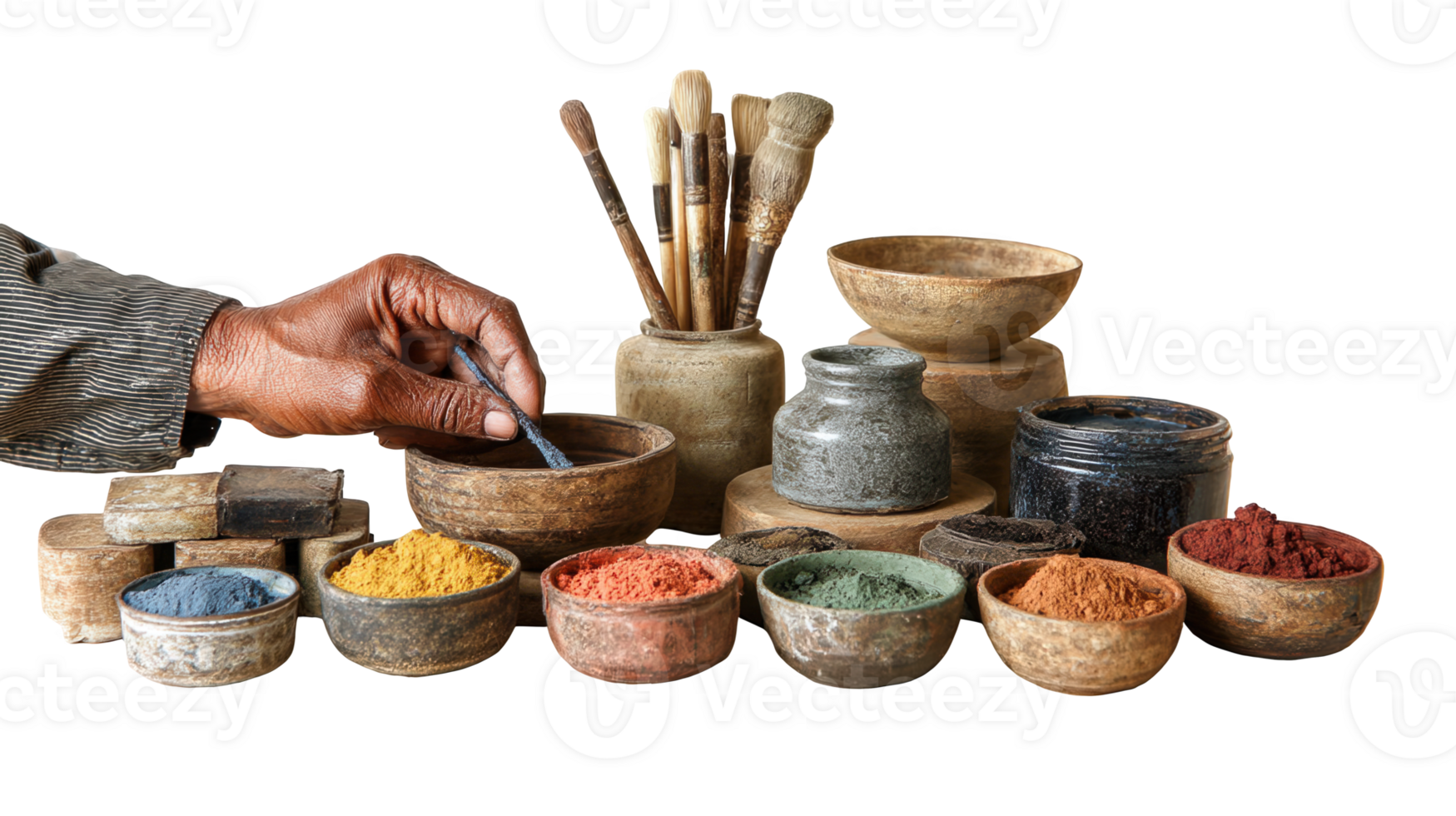 Artisan mixing natural pigments with transparent background png