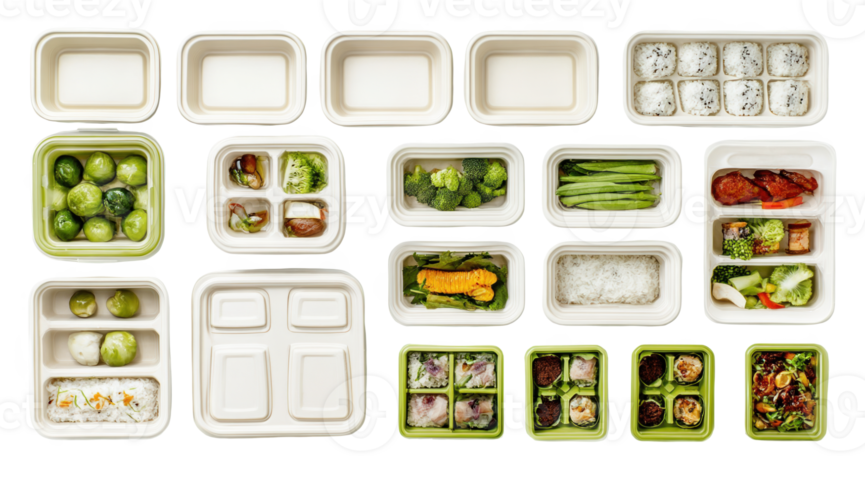 Overhead view of food delivery containers with transparent background png