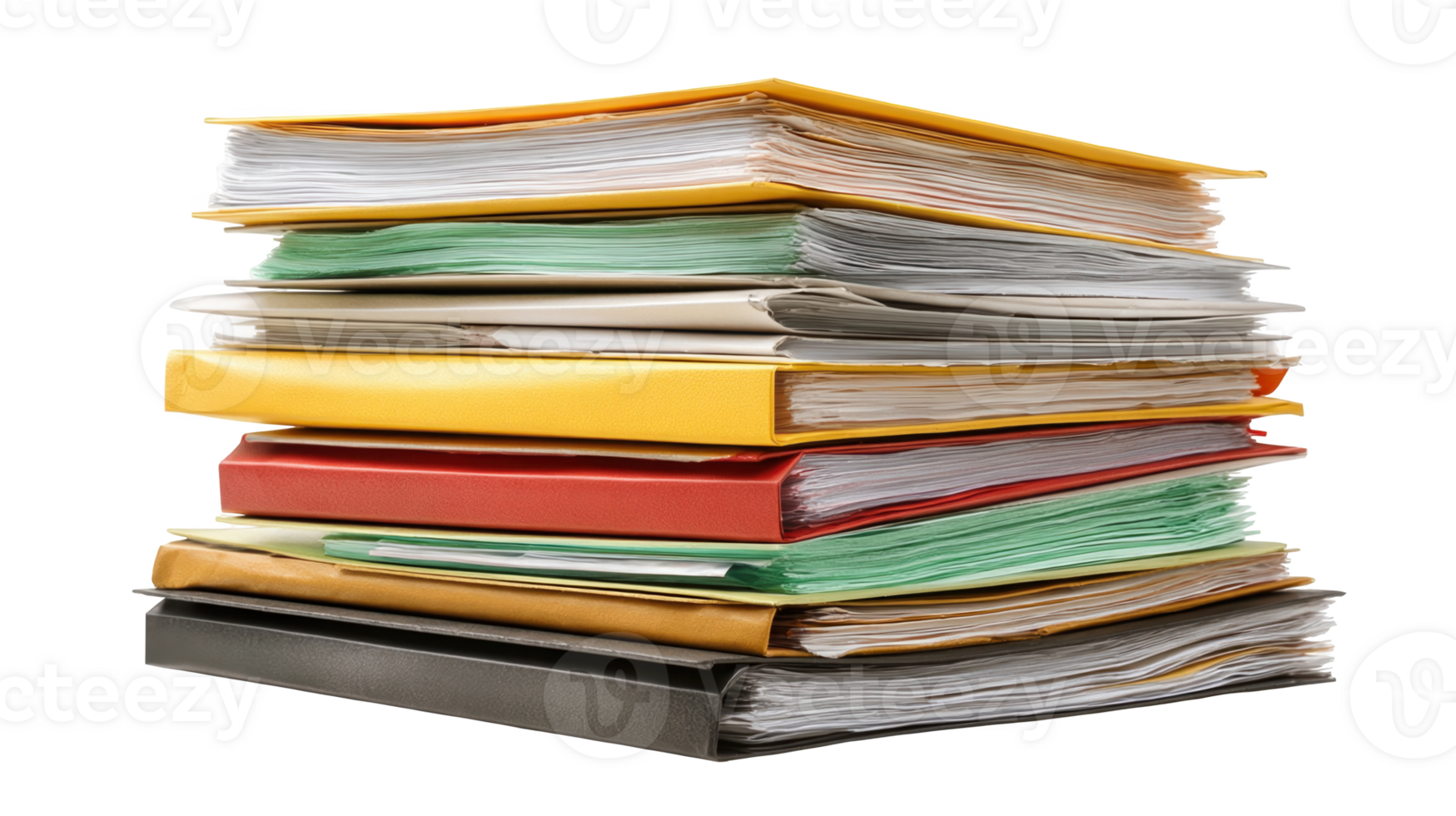 Stack of colorful binders and folders forming a pile on transparent background png