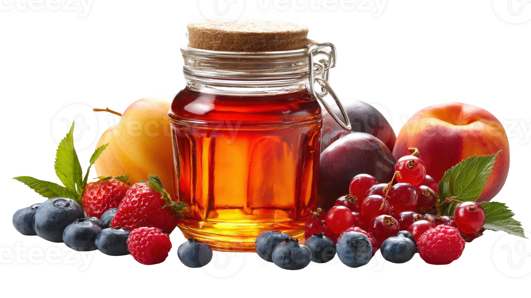 Glass jar filled with honey or syrup surrounded by fresh fruits on transparent background png
