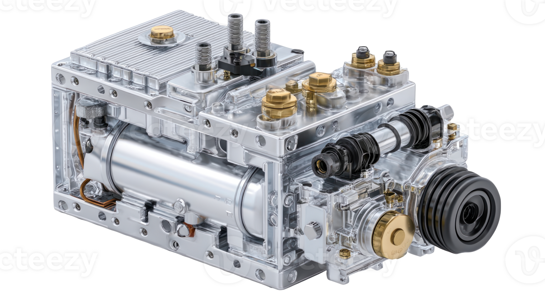 Hydrogen fuel cell system showing its complex internal components on transparent background png