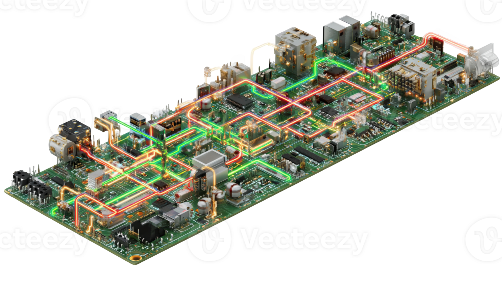 Illuminated circuit board showing data flowing with transparent background png