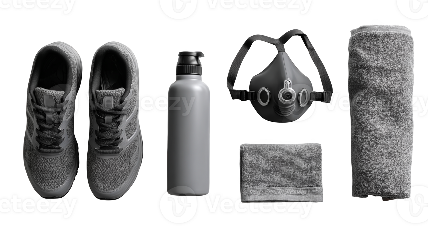 Running shoes, mask, towel and bottle on transparent background png