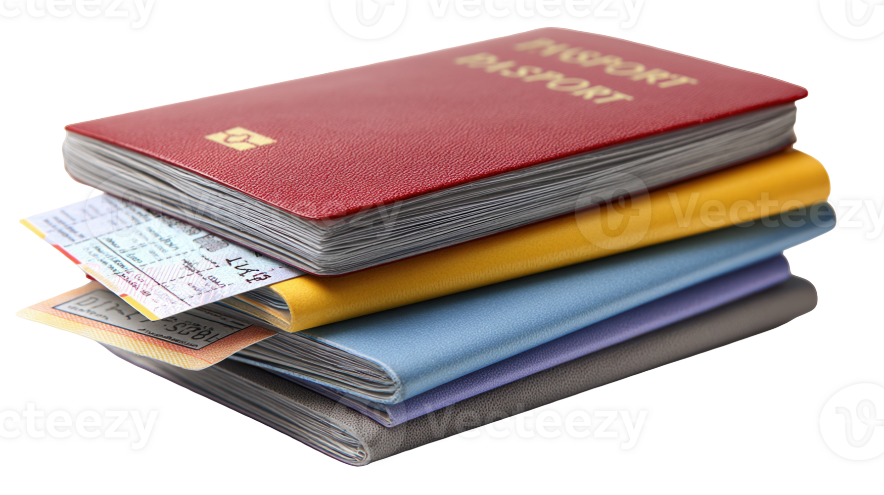 Stack of passports and boarding pass on transparent background png