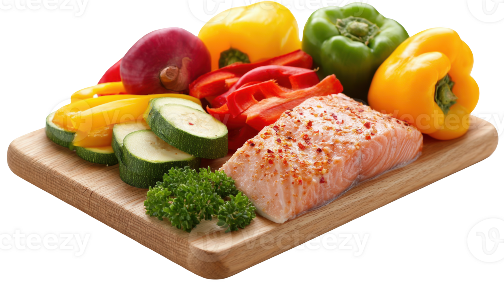 Grilled salmon fillet with mixed vegetables on cutting board with transparent background png