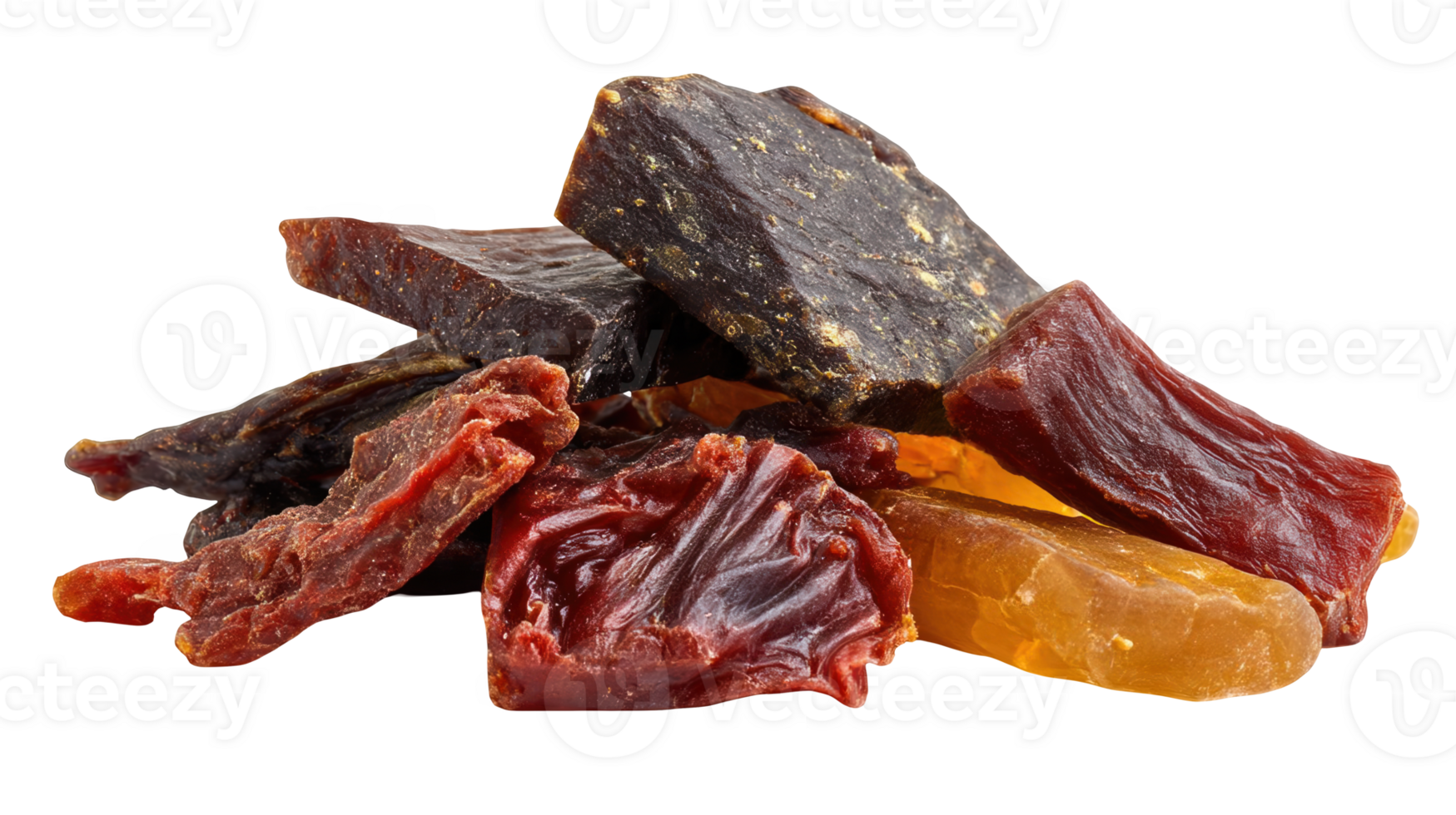 Pile of plant based jerky showing variety of colors and textures on transparent background png
