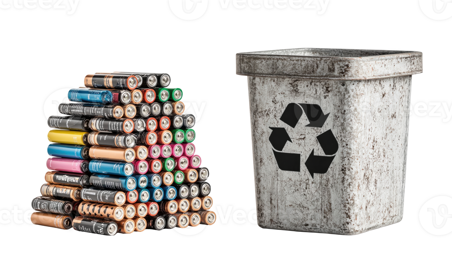 Stack of used batteries awaiting recycling with transparent background png