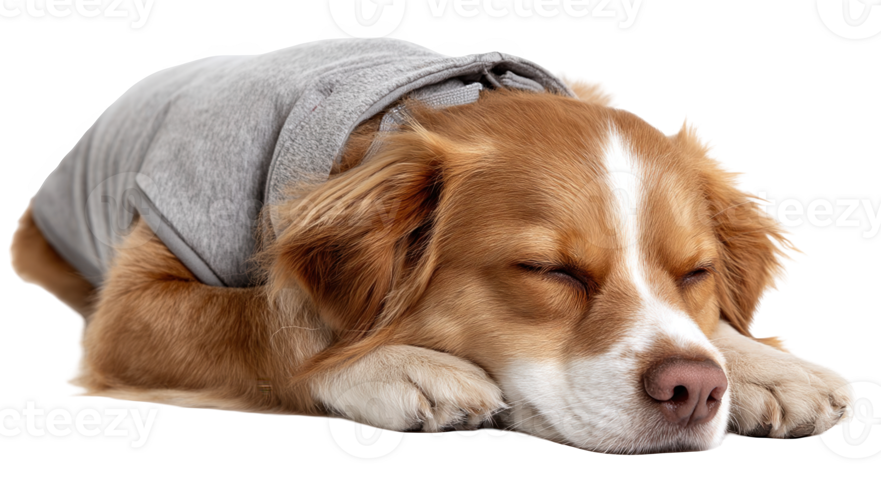 Cute kooikerhondje dog sleeping peacefully wearing gray hoodie png