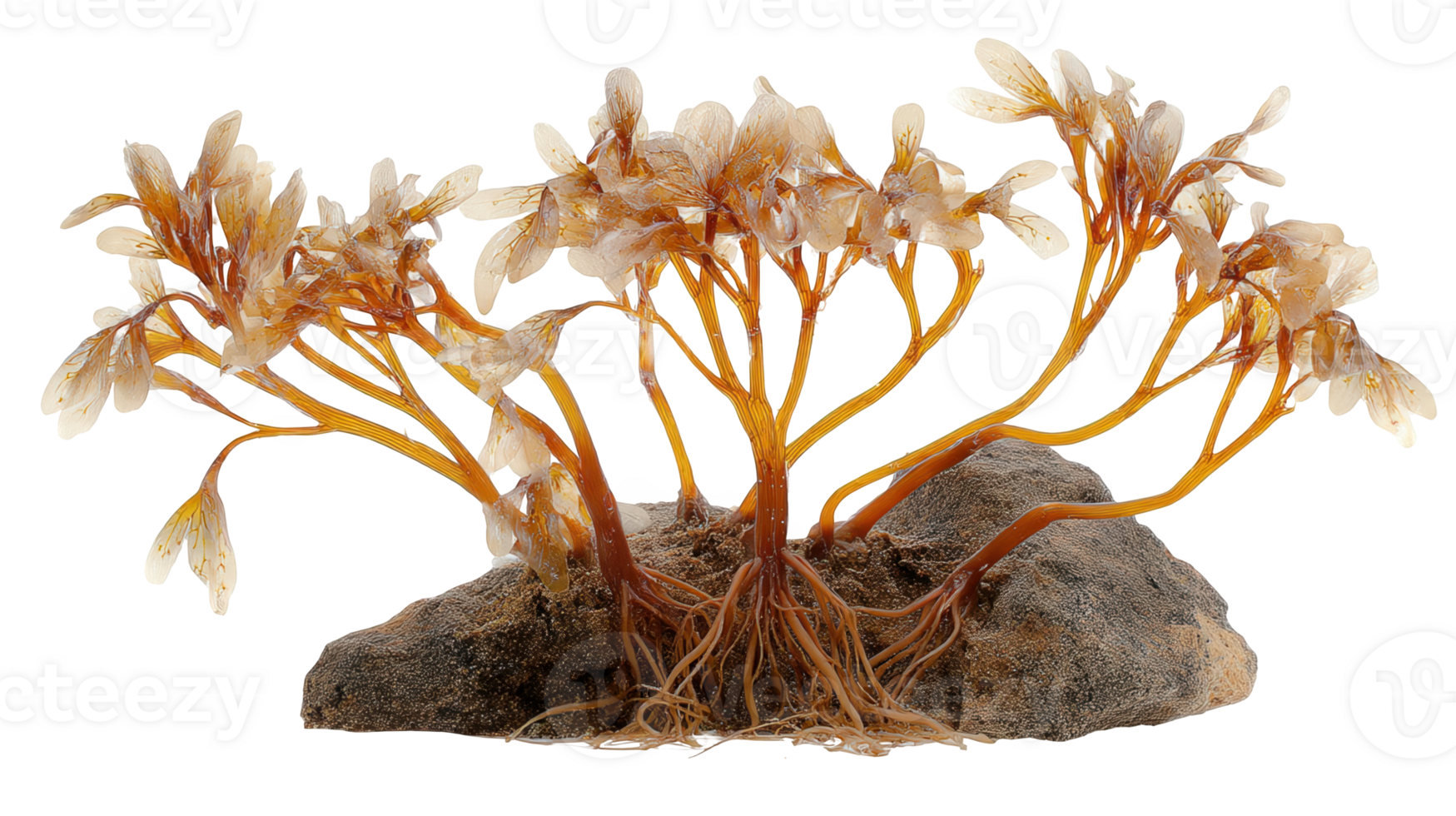 Cluster of kelp holdfasts anchoring firmly to rock on transparent background png