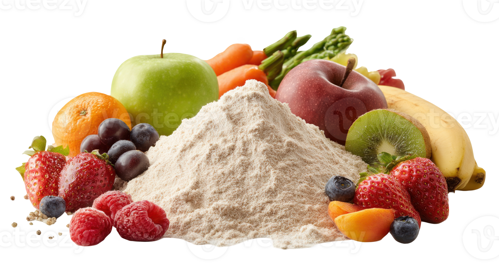 Protein powder surrounded by fresh fruits and vegetables on transparent background png
