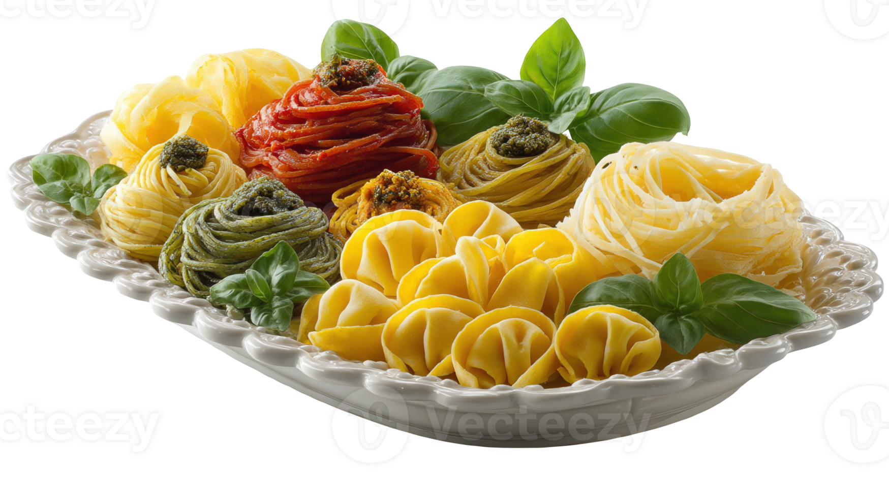 Colorful italian pasta variety with basil on white plate with transparent background png