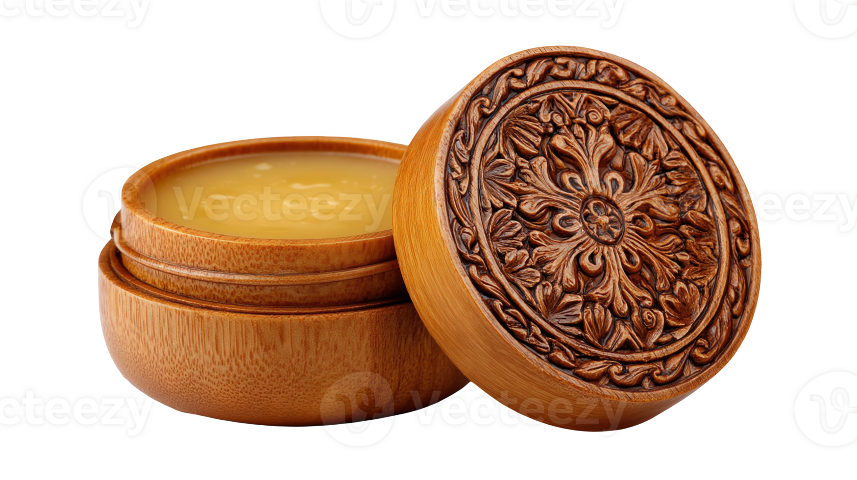Round wooden container with ornate lid and ointment on transparent background png