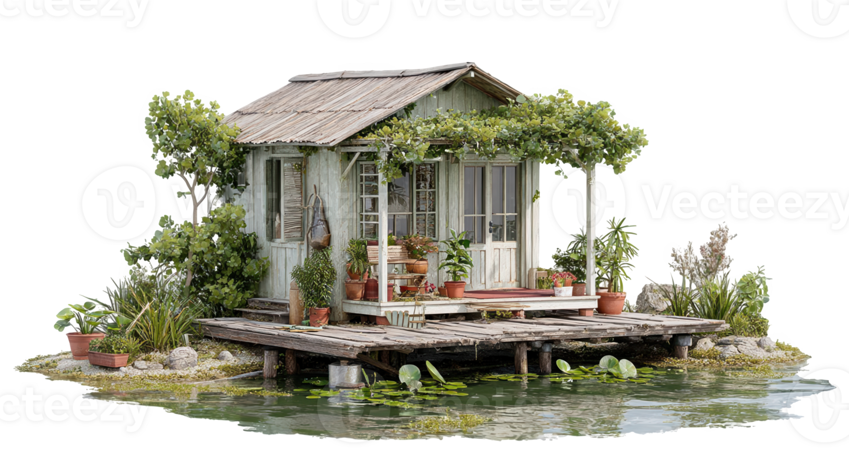 Quaint tiny home built on stilts beside a lake with transparent background png