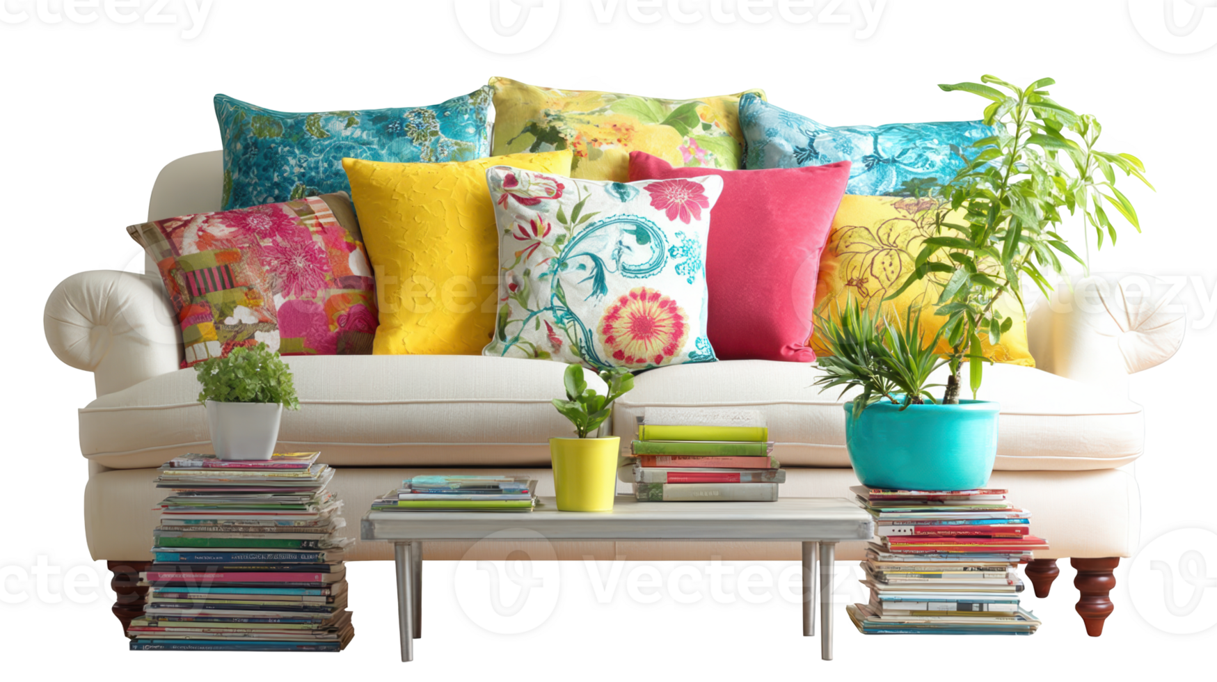 Cozy lounge area with comfortable sofa, colorful pillows and houseplants on transparent background png