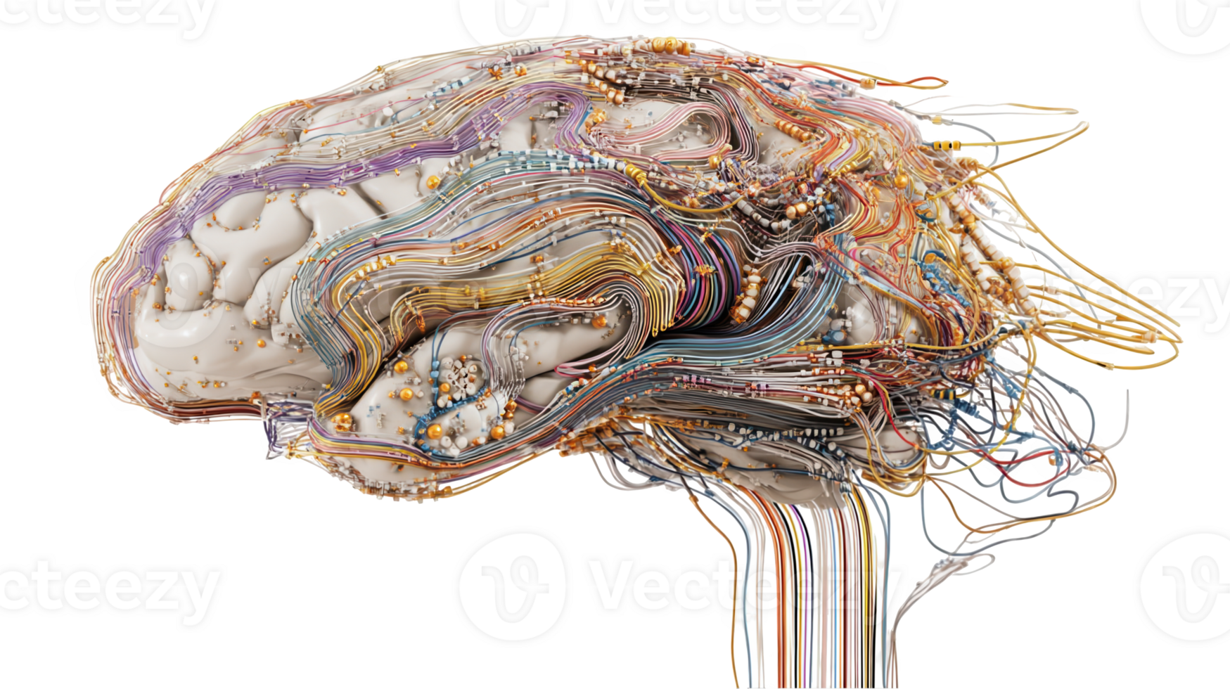 Human brain processing data, wires and connections creating a complex network png