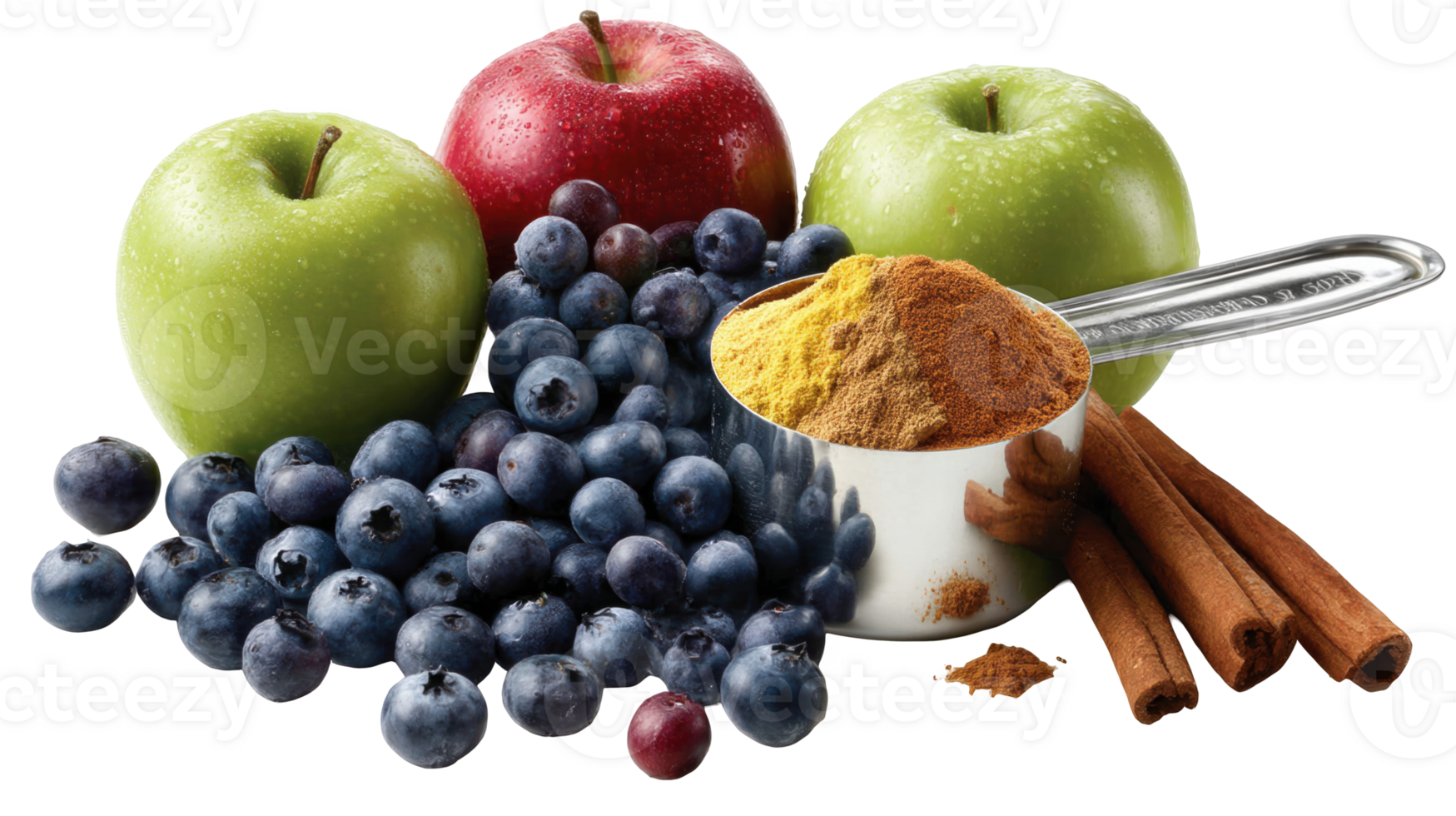 Ripe apples, fresh blueberries and ground cinnamon creating a colorful still life png