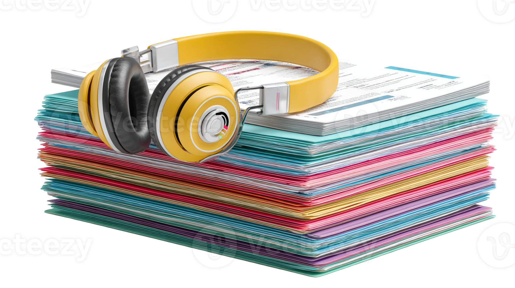 Yellow headphones resting on stack of colorful paper with transparent background png